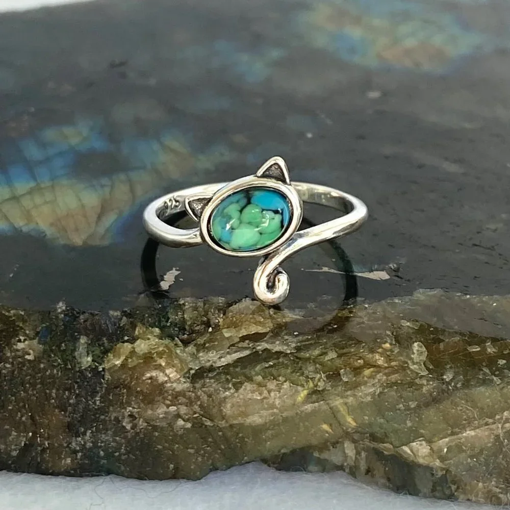 Sterling Silver 925 Turquoise Cabochon Kitty Cat Bypass Style Band Ring Sz 6